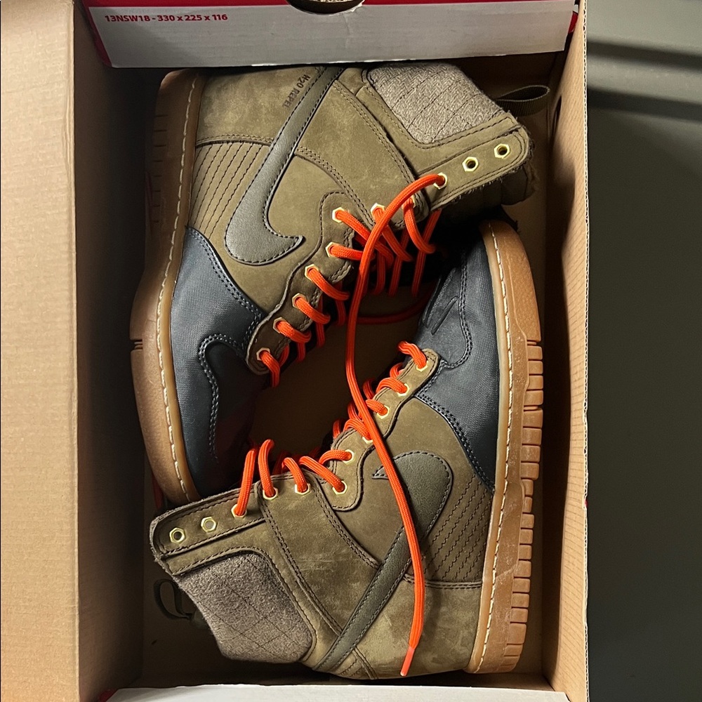 Nike Women's Dunk Sky Hi Olive and Navy Wedges with Orange Laces